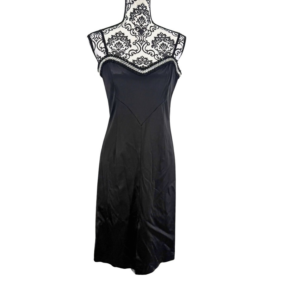 Roman Vintage Y2K 2005 Black Satin V-Sewn Waist Beaded Sweetheart Neck Dress, 42